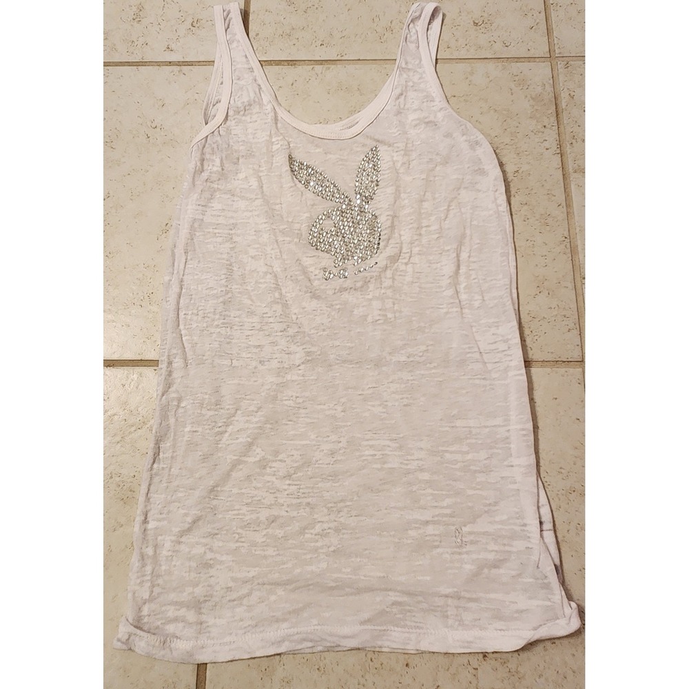 Playboy Women White Burnout Rhinestone Bunny Logo Tank Top Y2K Large